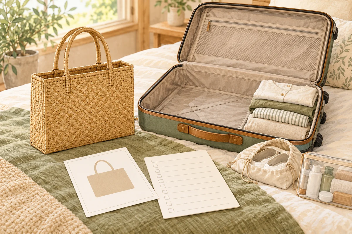 AI editorial illustration of a symbolic woven bag beside an open suitcase and packing record; not a product photo, real packing, crush test, capacity or damage-free-arrival proof