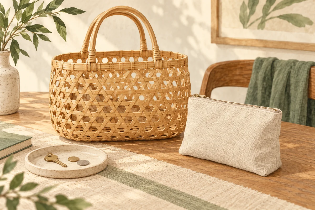 Illustration éditoriale IA d’un sac ajouré générique, d’une pochette séparée fermée et d’une clé et de pièces sur une coupelle ; ni photo produit, relevé d’accessoires inclus, ni preuve de compatibilité ou de rétention