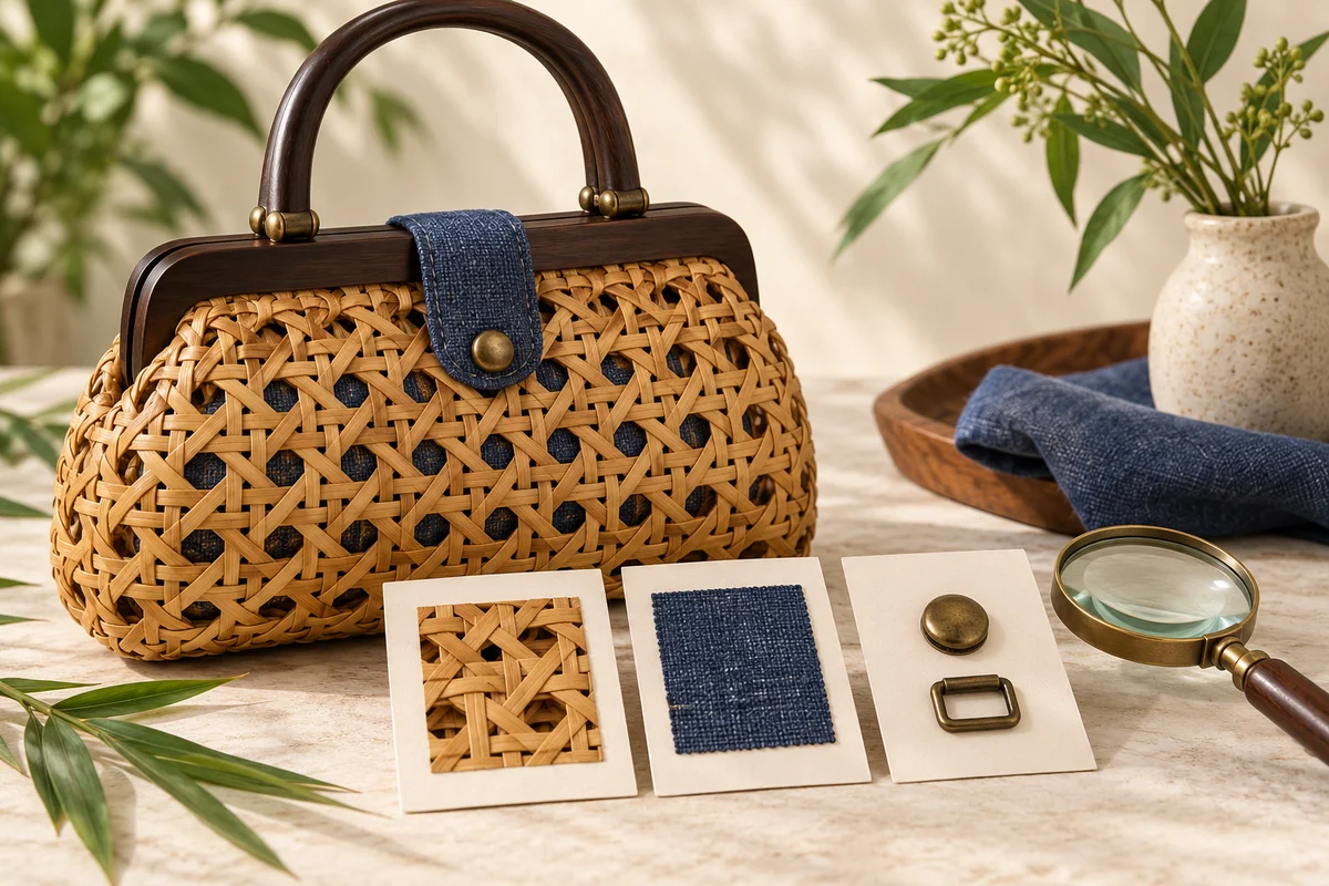 Illustration éditoriale IA d’un sac tressé générique couleur miel, anse arquée foncée, détail textile bleu et fiches de composants avec loupe ; ni photo produit KineTimber, référence couleur calibrée, ni test de tenue des couleurs