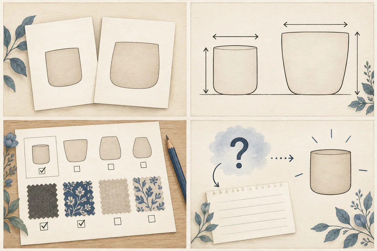 AI editorial four-panel diagram with reference cards, body outlines and width-height arrows, four shape and fabric preferences, and a question leading to a record; generic shapes, not measured product outlines