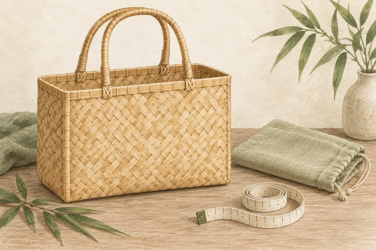 Illustrated bamboo bag, linen pouch and measuring tape