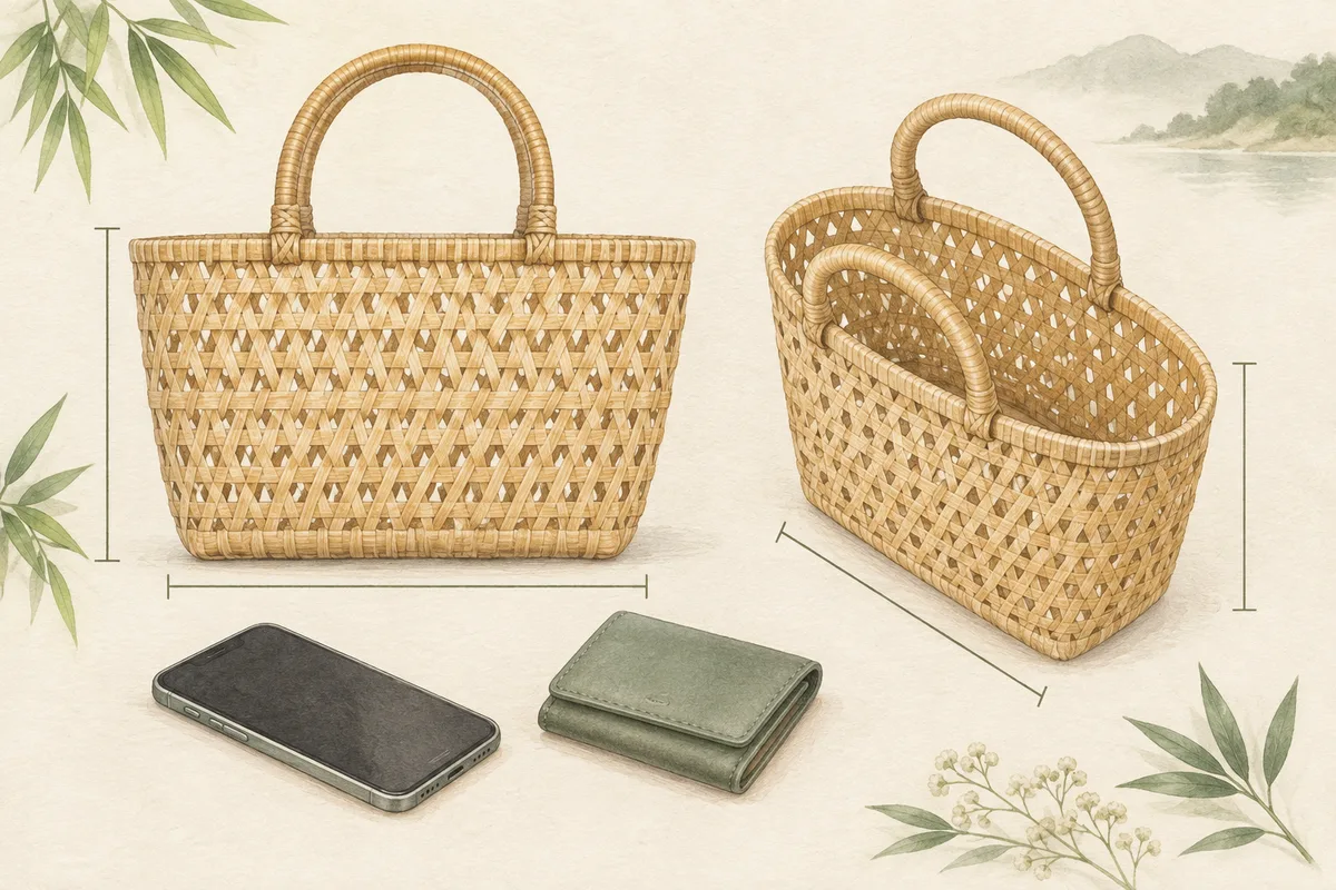 Bag outline and opening shown separately from a phone and wallet