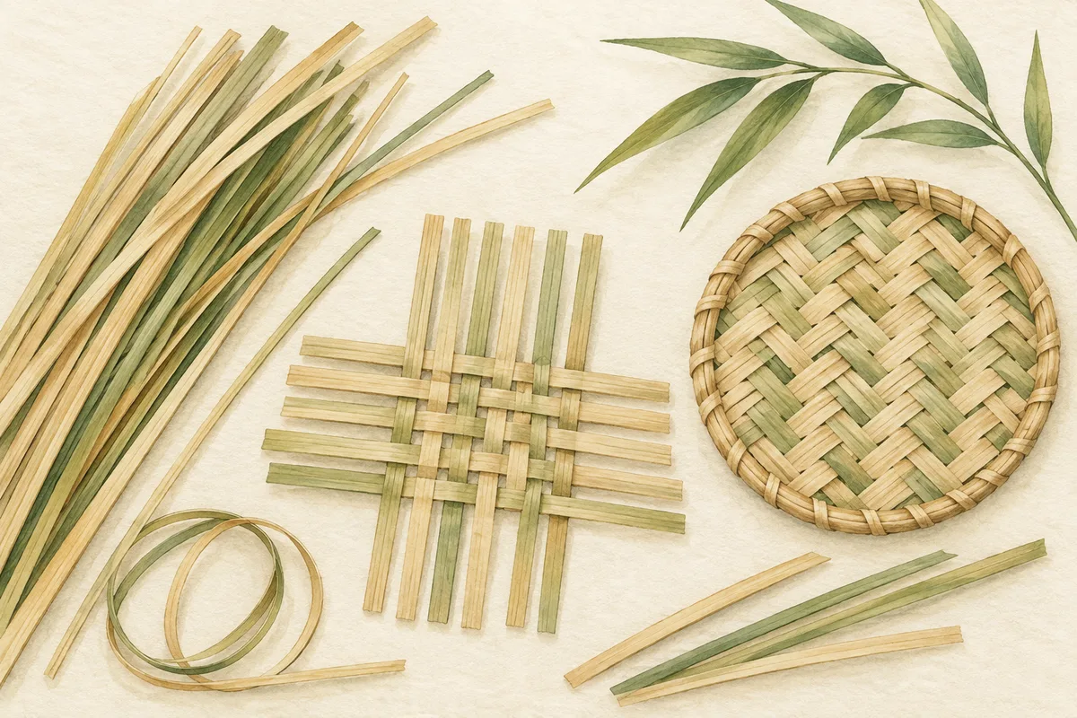 Prepared bamboo strips beside partially woven and finished samples