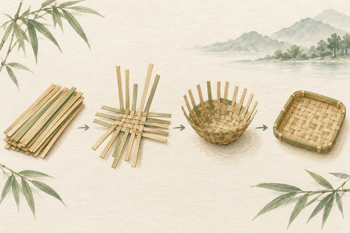 Conceptual sequence from prepared bamboo strips to weaving, shaping and edge finishing