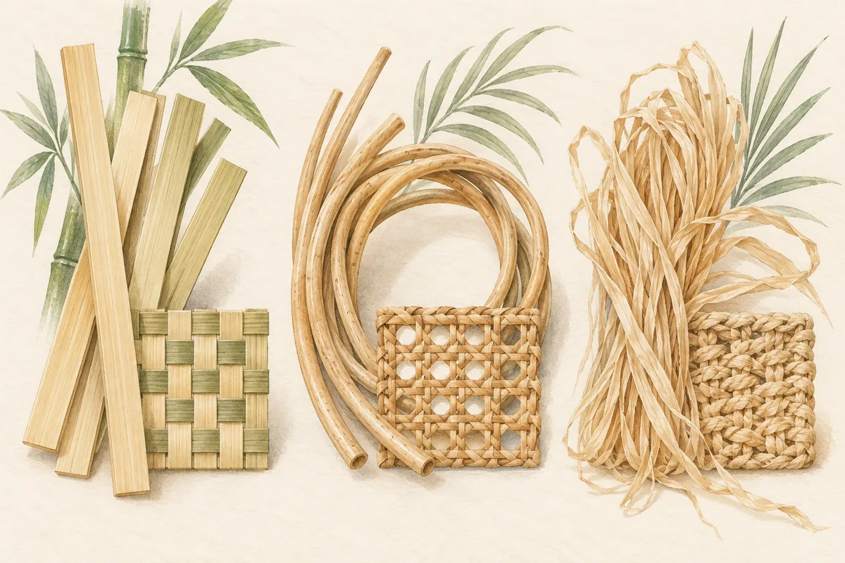 Illustrated bamboo strips, rattan canes and raffia ribbons with woven samples