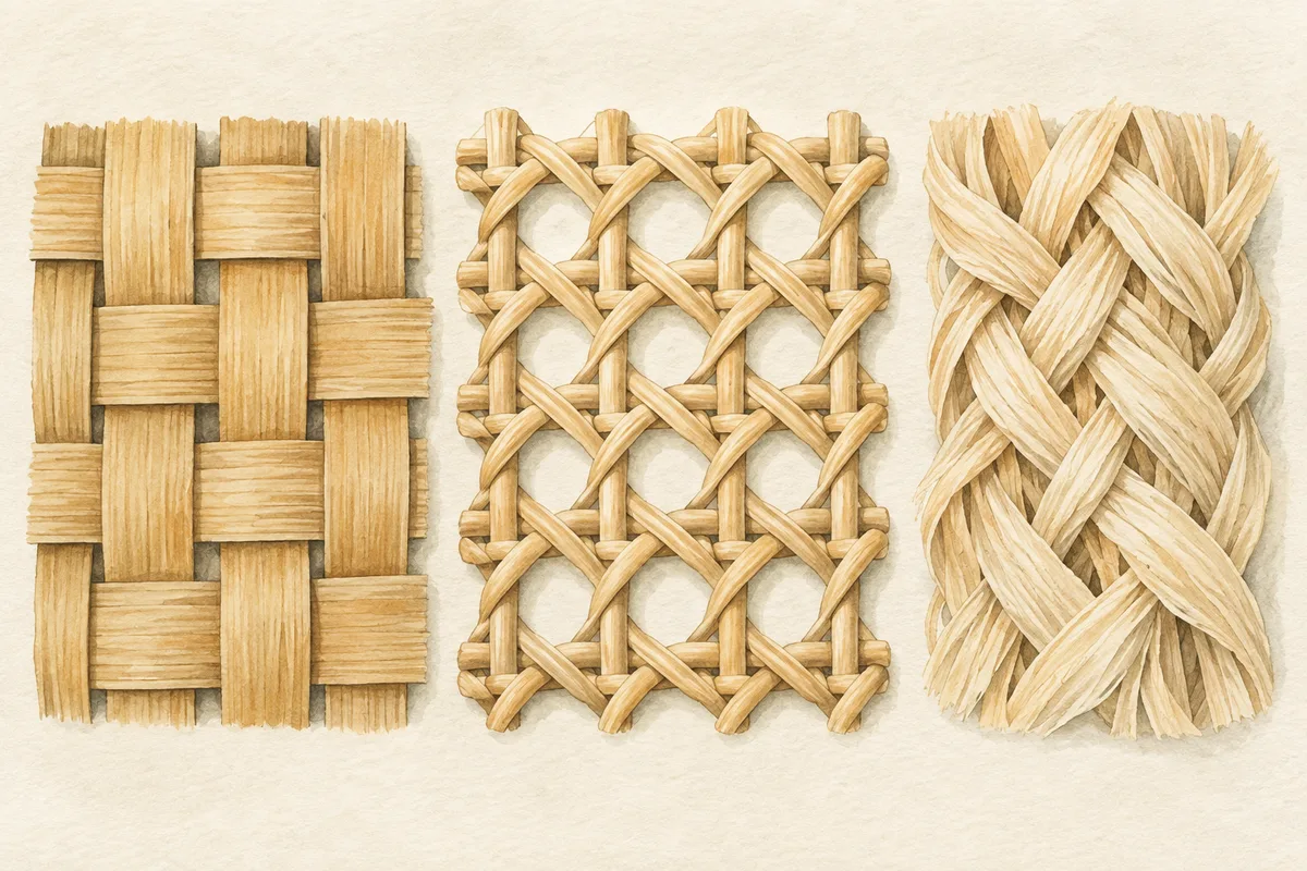Close-up illustrations compare flat bamboo strips, round canes and soft raffia ribbons