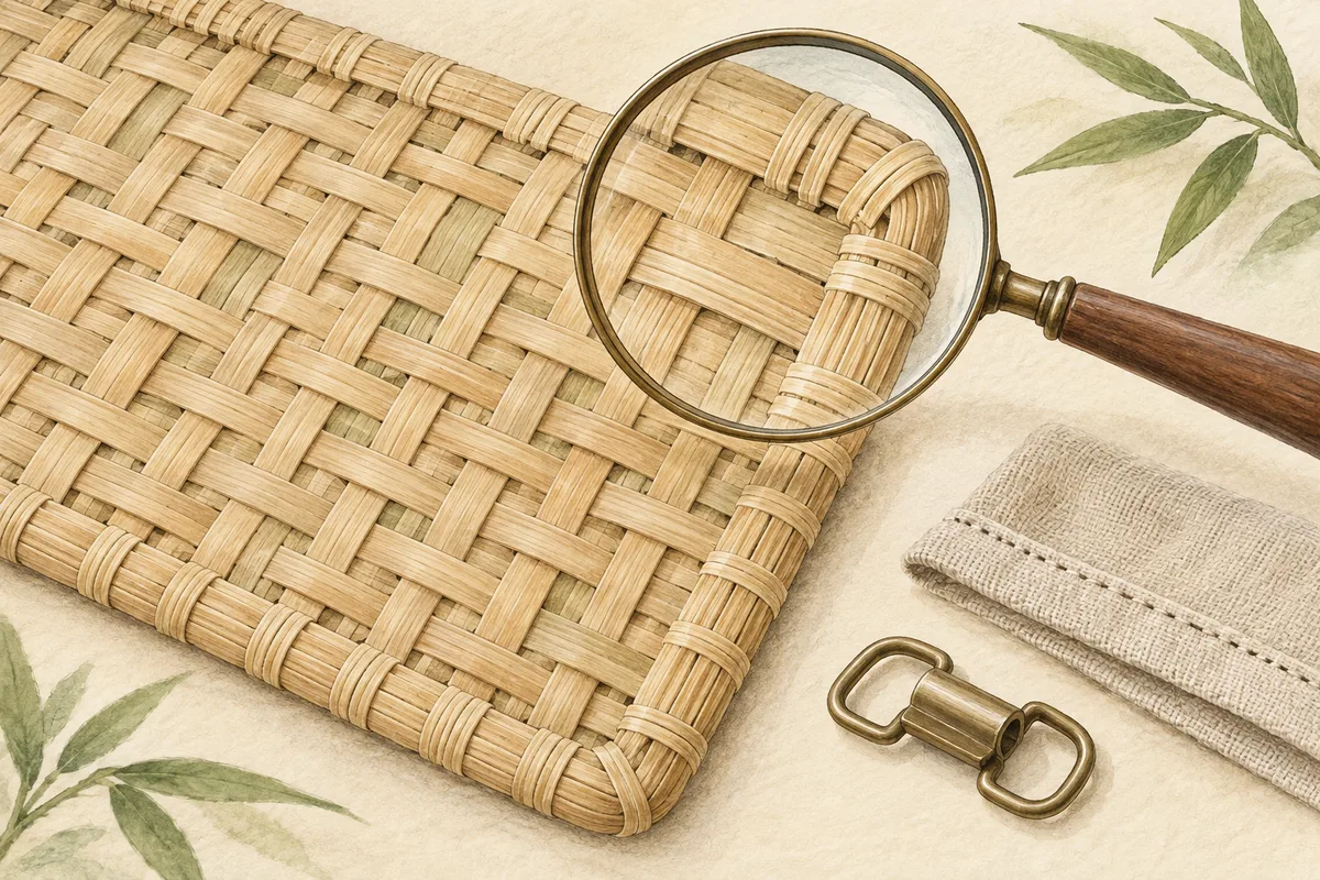Magnifying glass above woven bamboo texture and finished edges