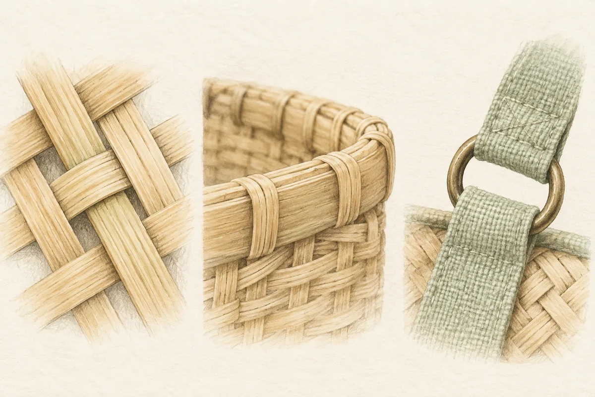 Three illustrated inspection details: weave, bound edge and attached component