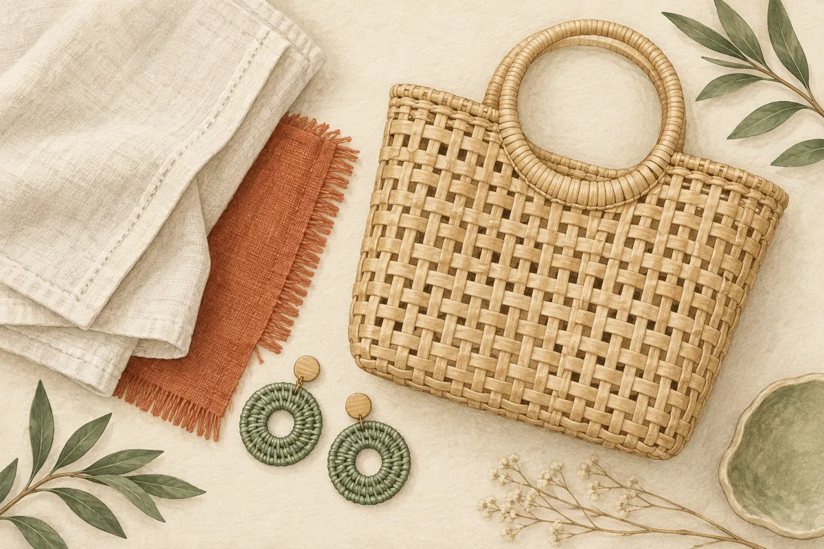 Woven accessories with ivory linen, terracotta and muted green