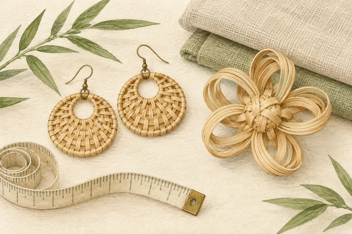 Illustrated woven earrings and floral hair ornament beside a measuring tape