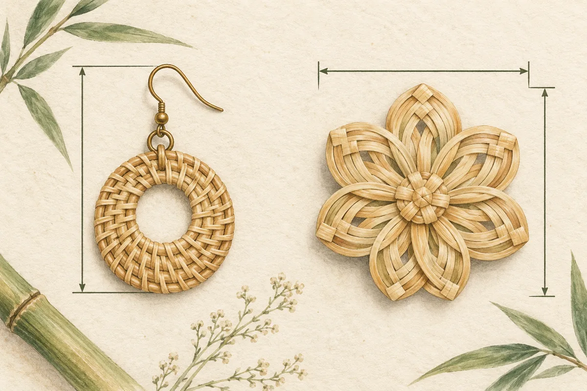 Measurement guides show full earring length including the hook and hair ornament width and height