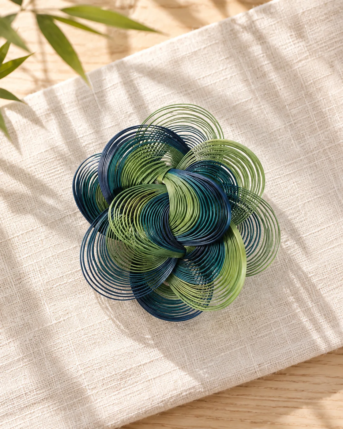 Blue & Green Blossom — handwoven bamboo hair ornament