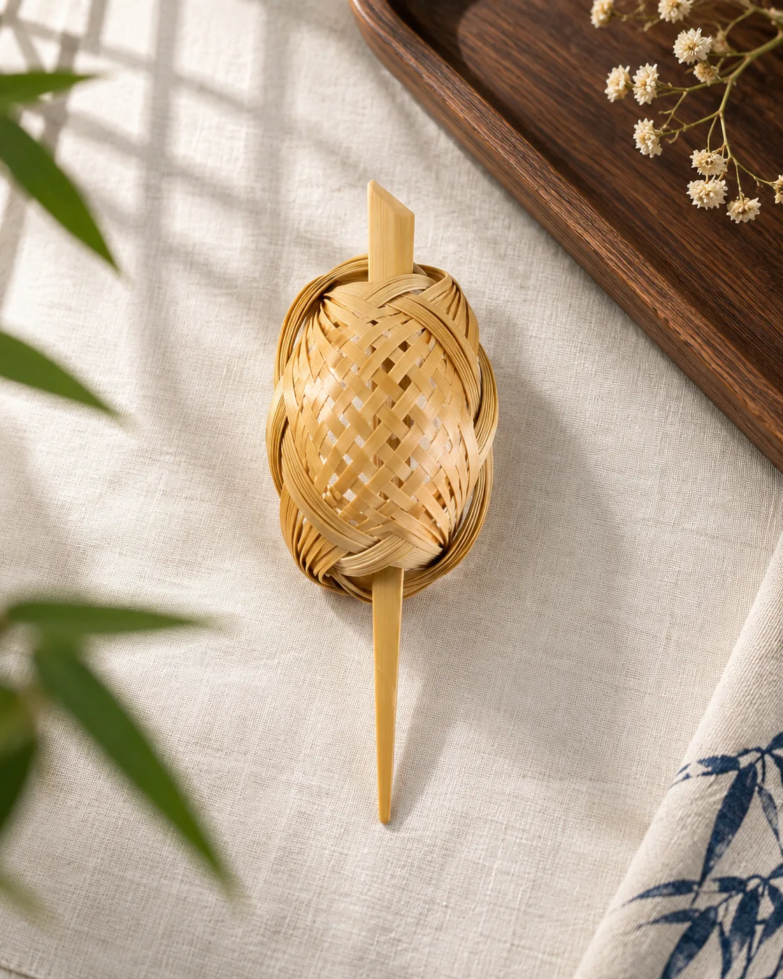 Natural Woven Oval Pin — handwoven bamboo hair ornament