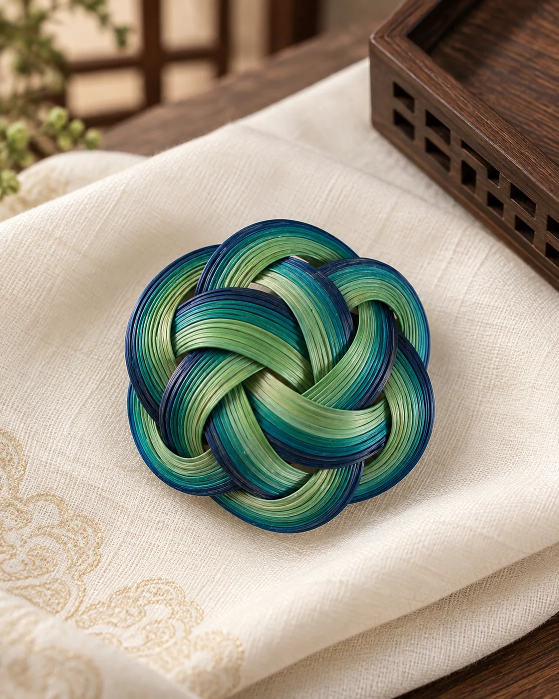 Blue & Green Woven Rosette — handwoven bamboo hair ornament