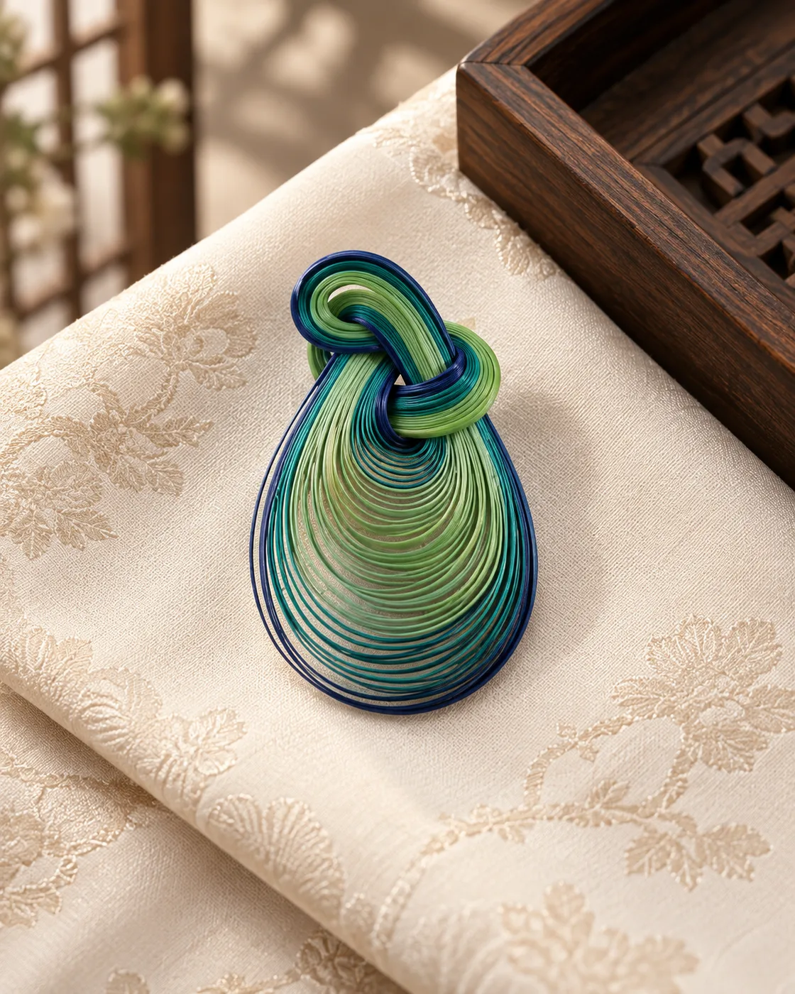 Blue & Green Teardrop Knot — handwoven bamboo hair ornament