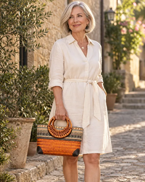Circle-handle patterned tote — styling photograph 2